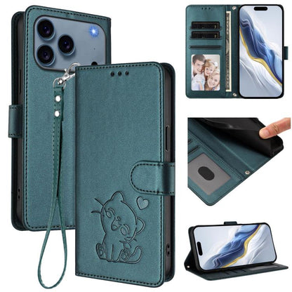 Embossed Heart Cat Leather Phone Case with Hand Strap
