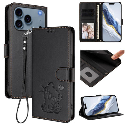 Embossed Heart Cat Leather Phone Case with Hand Strap