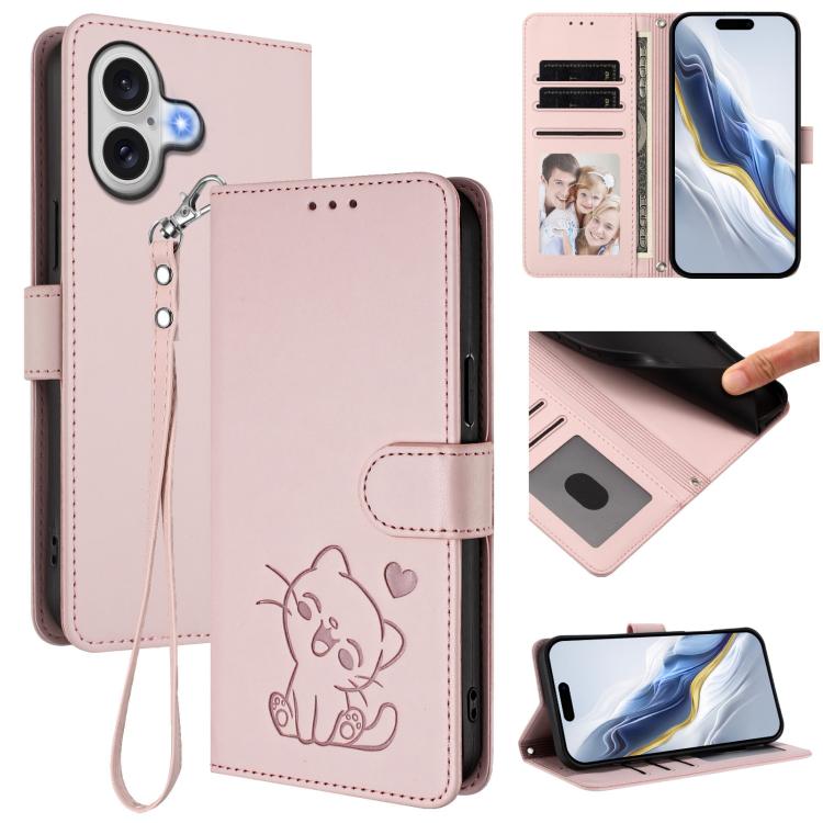 Embossed Heart Cat Leather Phone Case with Hand Strap