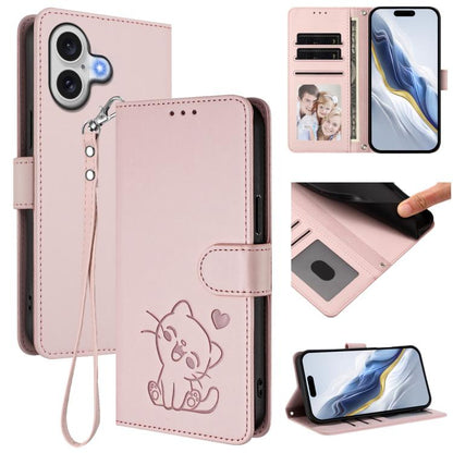 Embossed Heart Cat Leather Phone Case with Hand Strap