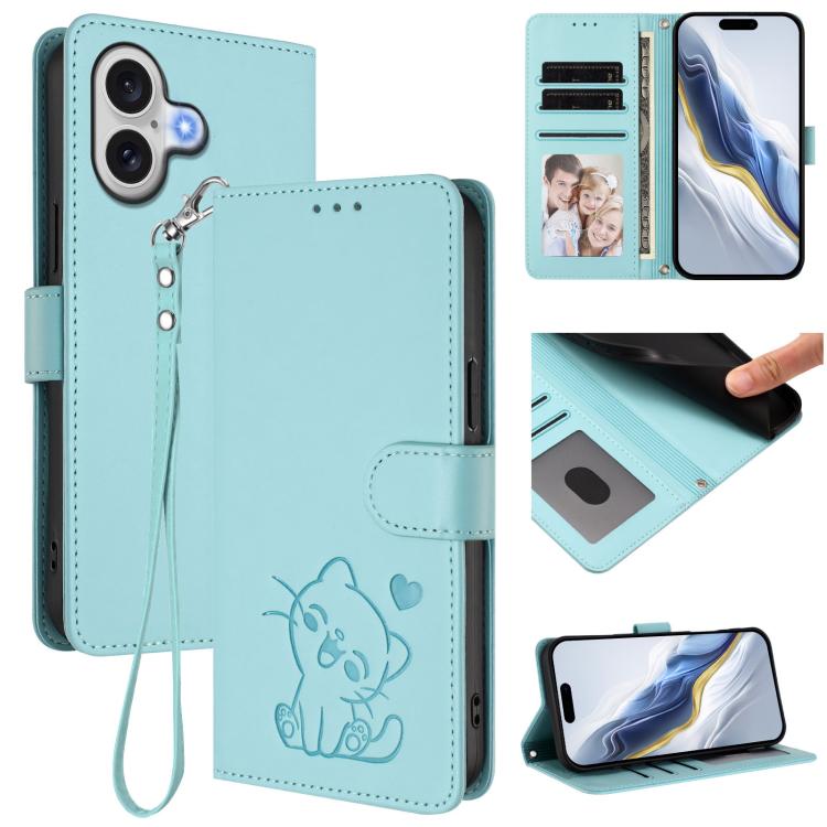 Embossed Heart Cat Leather Phone Case with Hand Strap