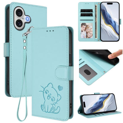 Embossed Heart Cat Leather Phone Case with Hand Strap