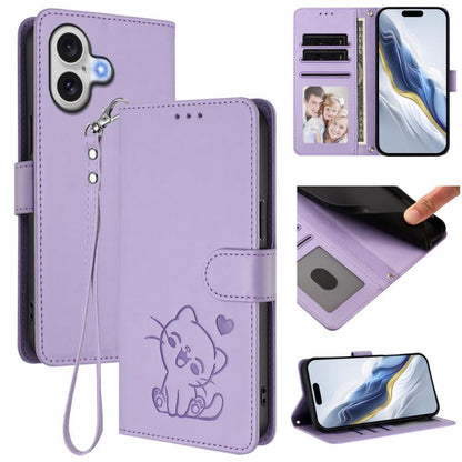 Embossed Heart Cat Leather Phone Case with Hand Strap