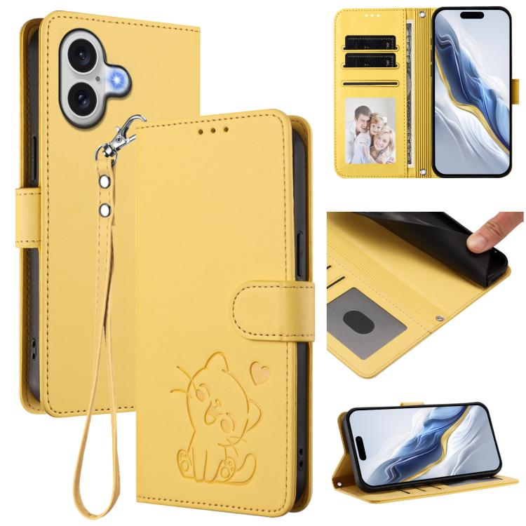 Embossed Heart Cat Leather Phone Case with Hand Strap