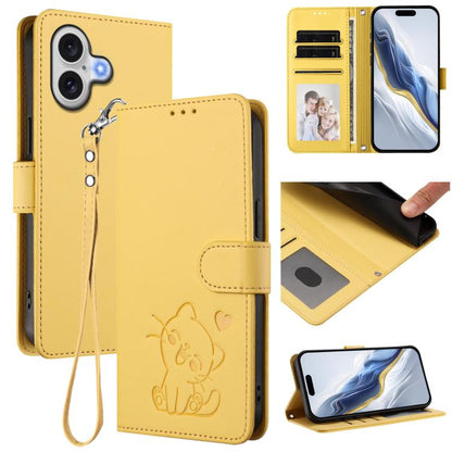 Embossed Heart Cat Leather Phone Case with Hand Strap