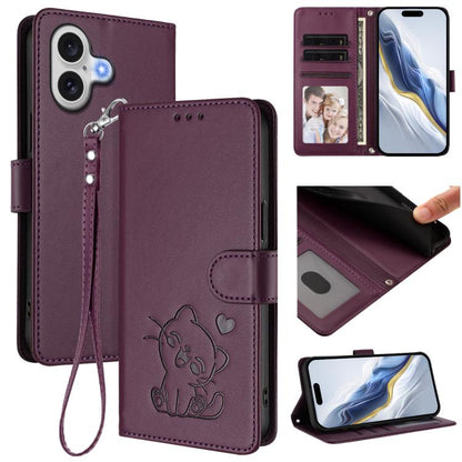 Embossed Heart Cat Leather Phone Case with Hand Strap