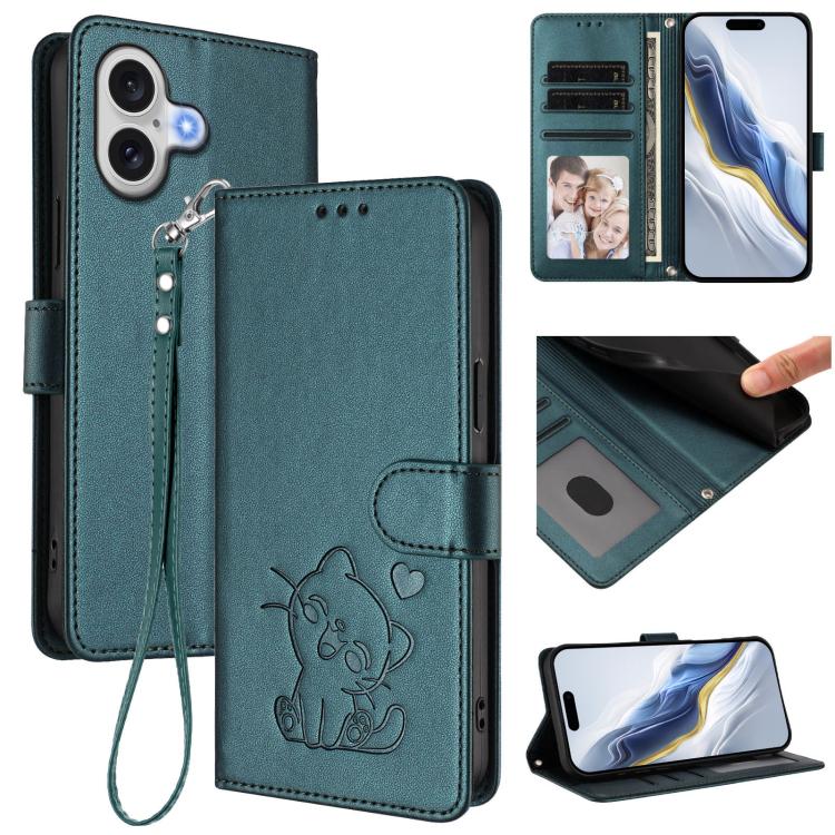 Embossed Heart Cat Leather Phone Case with Hand Strap