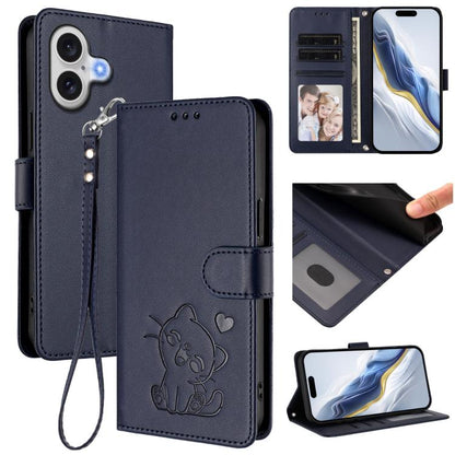 Embossed Heart Cat Leather Phone Case with Hand Strap
