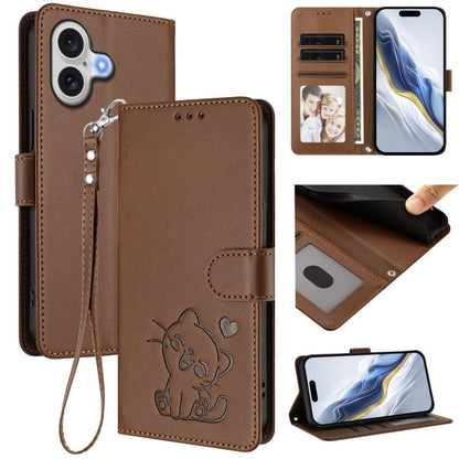 Embossed Heart Cat Leather Phone Case with Hand Strap