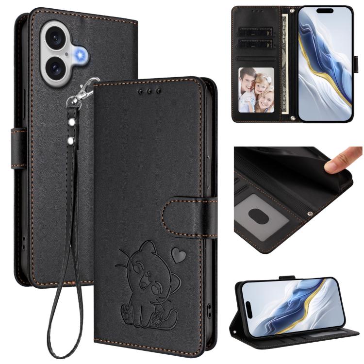 Embossed Heart Cat Leather Phone Case with Hand Strap