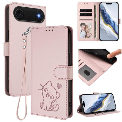 Embossed Heart Cat Leather Phone Case with Hand Strap