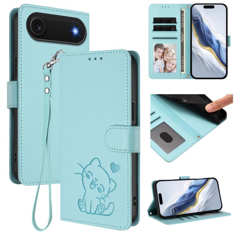 Embossed Heart Cat Leather Phone Case with Hand Strap