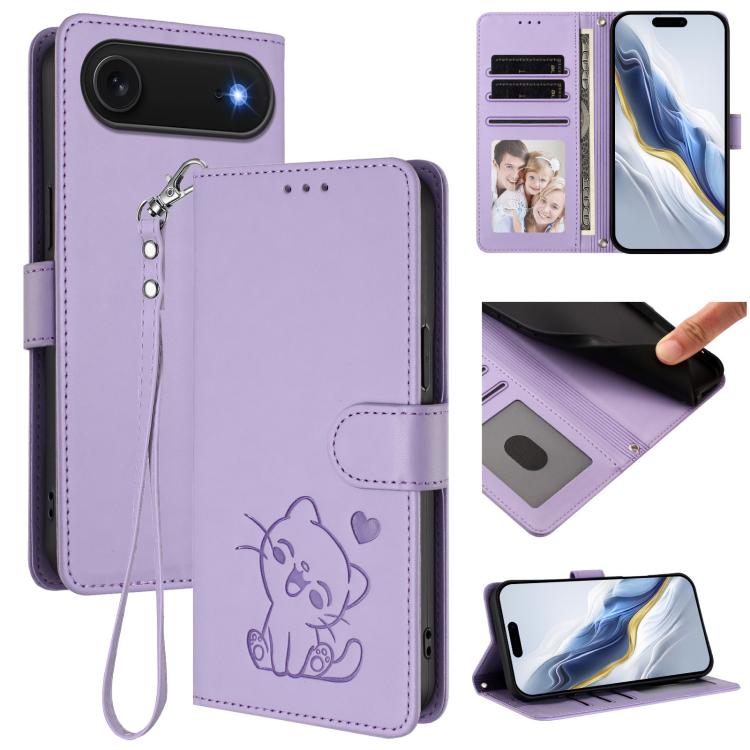 Embossed Heart Cat Leather Phone Case with Hand Strap