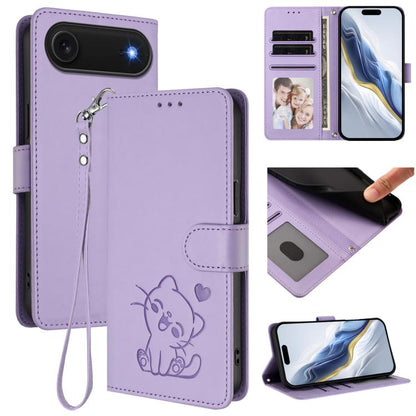 Embossed Heart Cat Leather Phone Case with Hand Strap