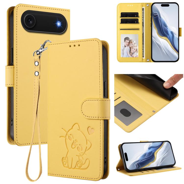 Embossed Heart Cat Leather Phone Case with Hand Strap