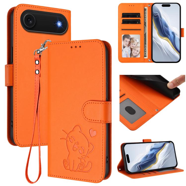 Embossed Heart Cat Leather Phone Case with Hand Strap