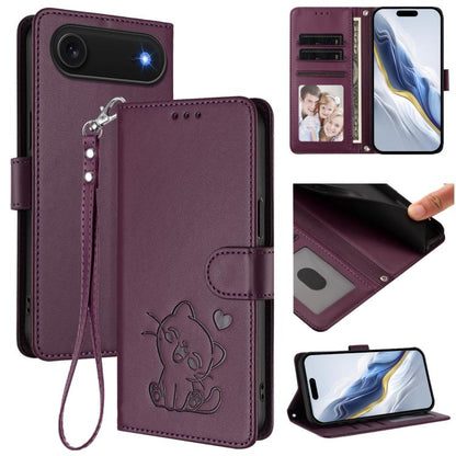 Embossed Heart Cat Leather Phone Case with Hand Strap