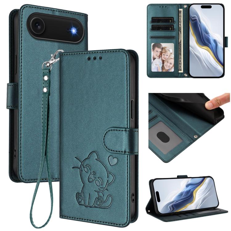 Embossed Heart Cat Leather Phone Case with Hand Strap