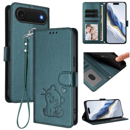 Embossed Heart Cat Leather Phone Case with Hand Strap