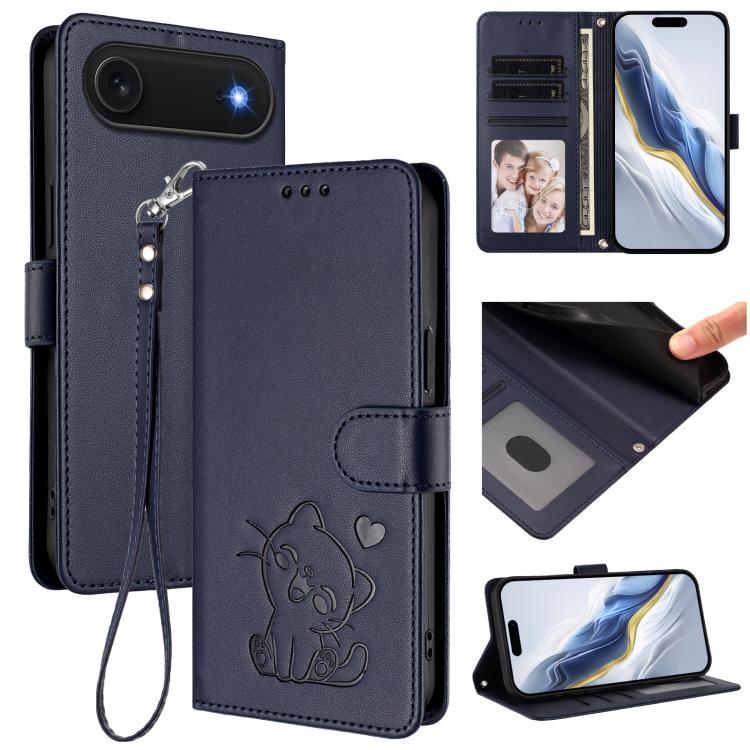 Embossed Heart Cat Leather Phone Case with Hand Strap