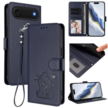 Embossed Heart Cat Leather Phone Case with Hand Strap
