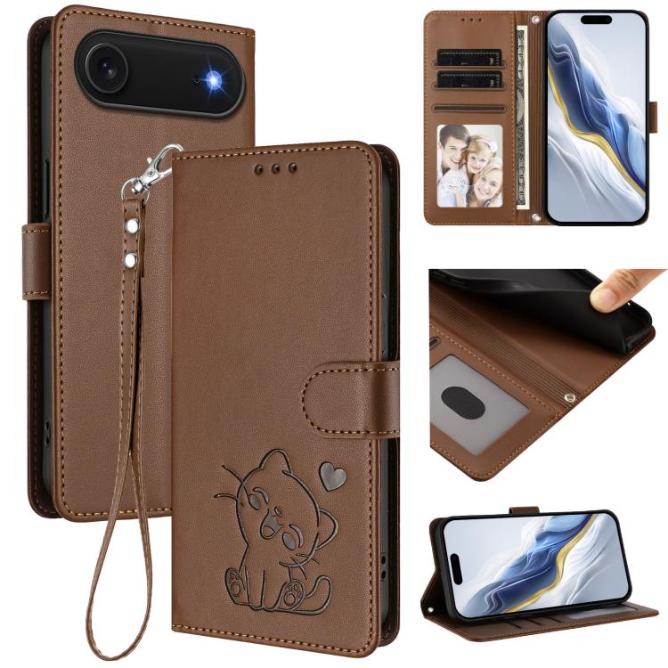 Embossed Heart Cat Leather Phone Case with Hand Strap