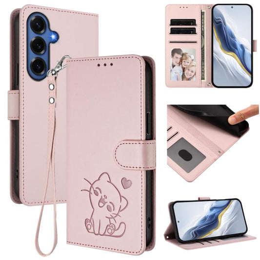 Embossed Heart Cat Leather Phone Case with Hand Strap
