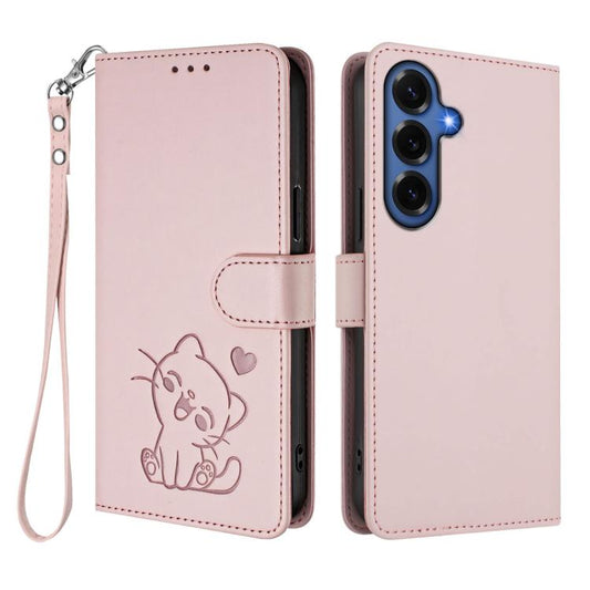 Embossed Heart Cat Leather Phone Case with Hand Strap