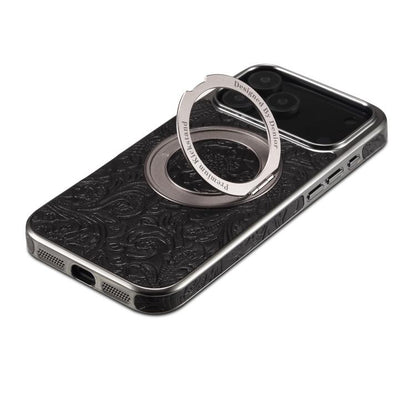 Denior A23 Retro Flower Texture Magnetic Holder Electroplating Genuine Leather Phone Case