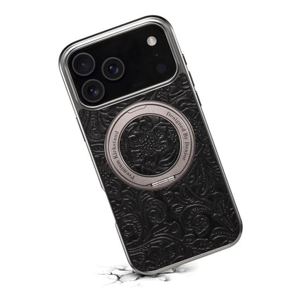 Denior A23 Retro Flower Texture Magnetic Holder Electroplating Genuine Leather Phone Case
