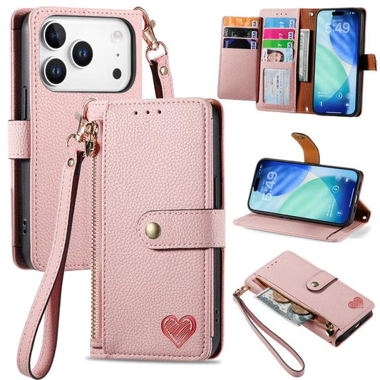 Love Zipper Lanyard Leather Phone Case