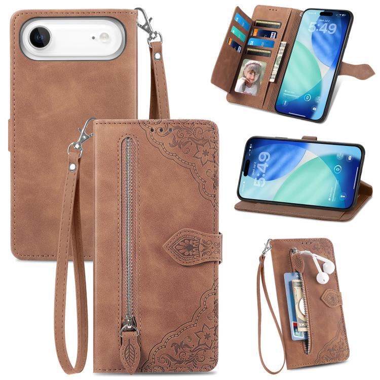 Embossed Flower Zipper Leather Phone Case