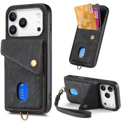 Retro Card Wallet Fold Leather Phone Case with Strap