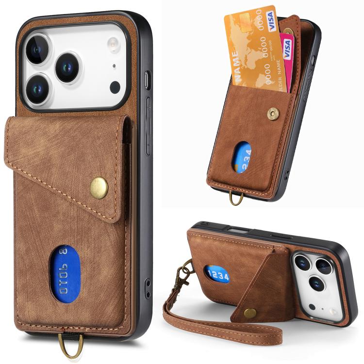 Retro Card Wallet Fold Leather Phone Case with Strap