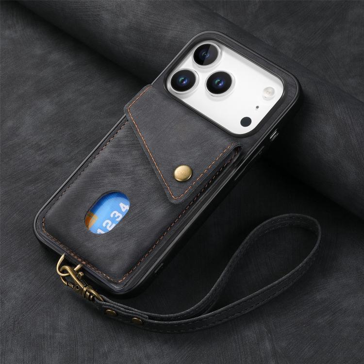 Retro Card Wallet Fold Leather Phone Case with Strap