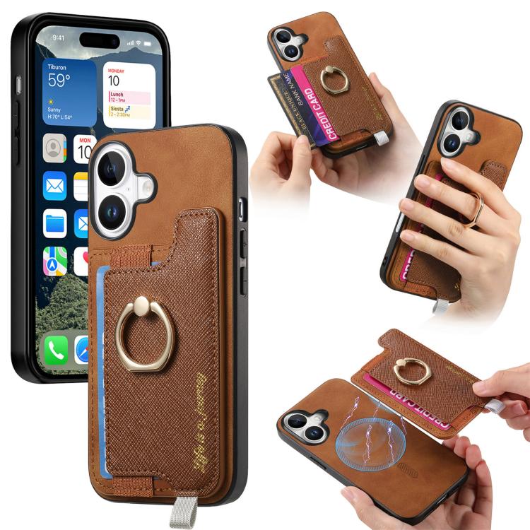 Retro Magsafe Cross Leather Ring Holder Card Bag Phone Case