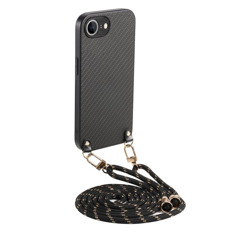 Carbon Fiber Texture Leather Back Phone Case with Crossbody Strap