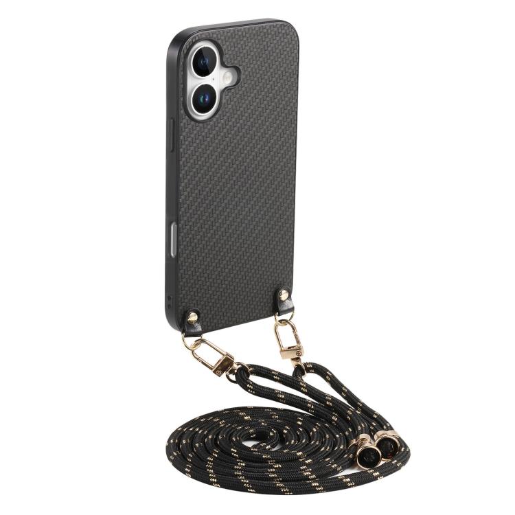 Carbon Fiber Texture Leather Back Phone Case with Crossbody Strap