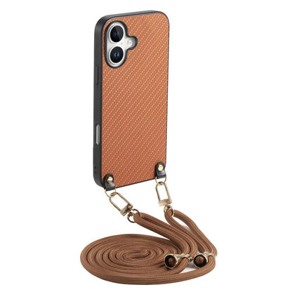 Carbon Fiber Texture Leather Back Phone Case with Crossbody Strap