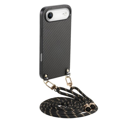 Carbon Fiber Texture Leather Back Phone Case with Crossbody Strap