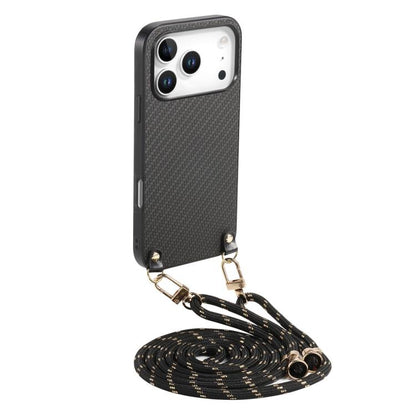 Carbon Fiber Texture Leather Back Phone Case with Crossbody Strap