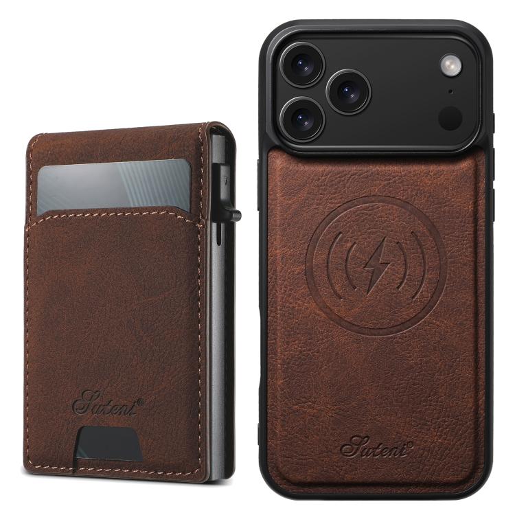 Suteni H19 Litchi Grain 2-in-1 MagSafe Removable Card Box Back Phone Case
