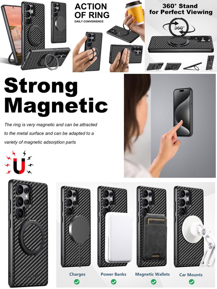 Suteni G3 Carbon Fiber Leather 360 Rotation Holder MagSafe Phone Case