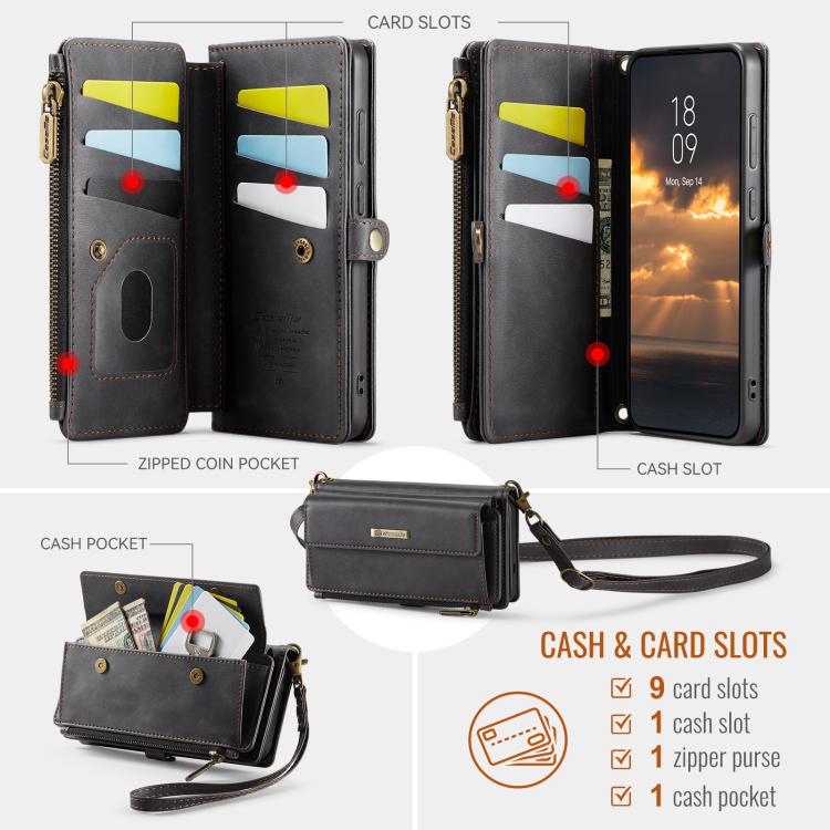 CaseMe C39 RFID Blocking Zipper Wallet Leather Phone Case with Crossbody Strap