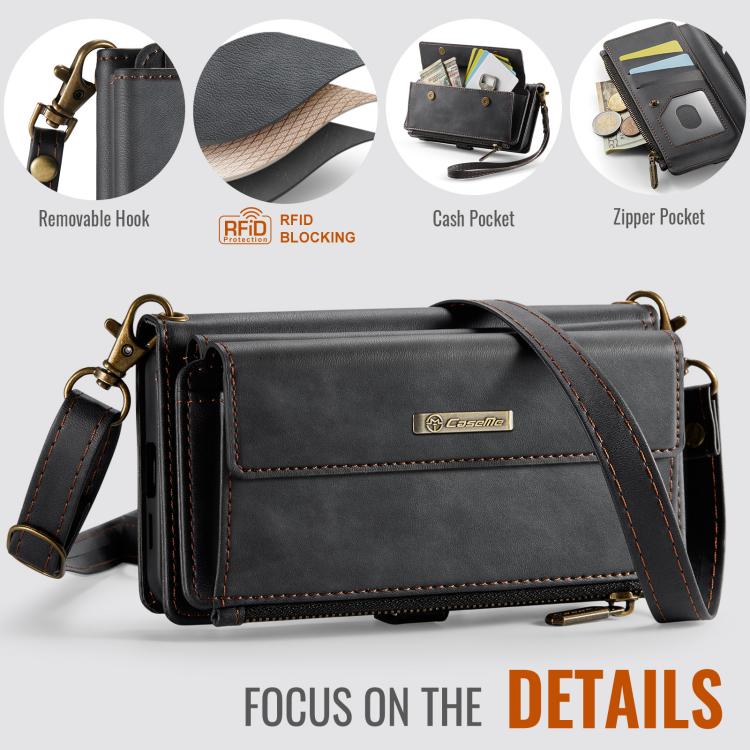 CaseMe C39 RFID Blocking Zipper Wallet Leather Phone Case with Crossbody Strap