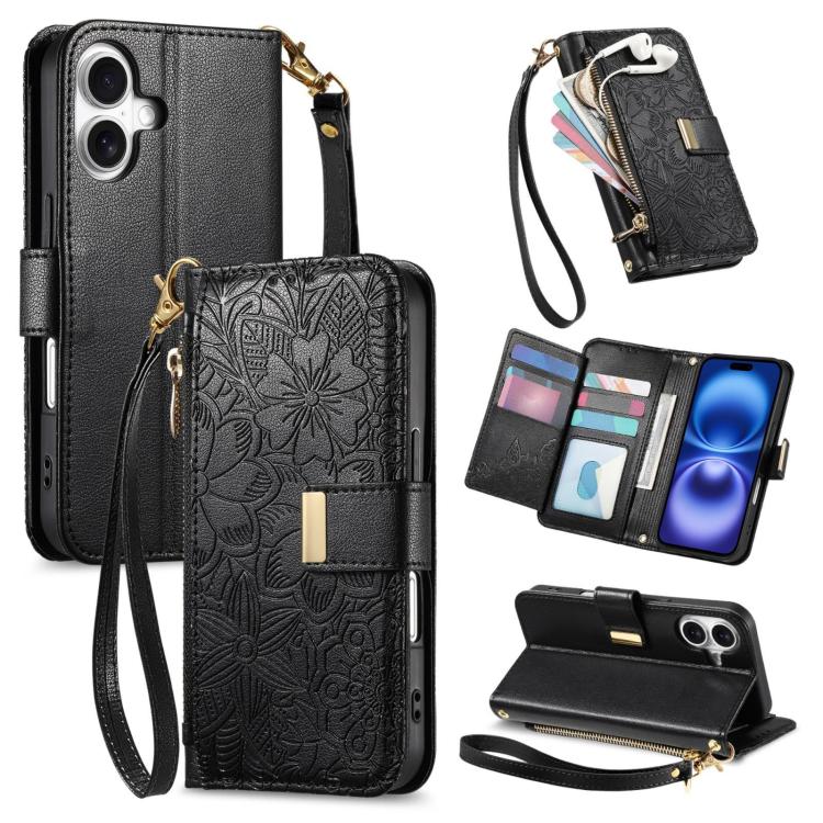 Flowers Leaves Zipper Wallet Leather Phone Case with Strap
