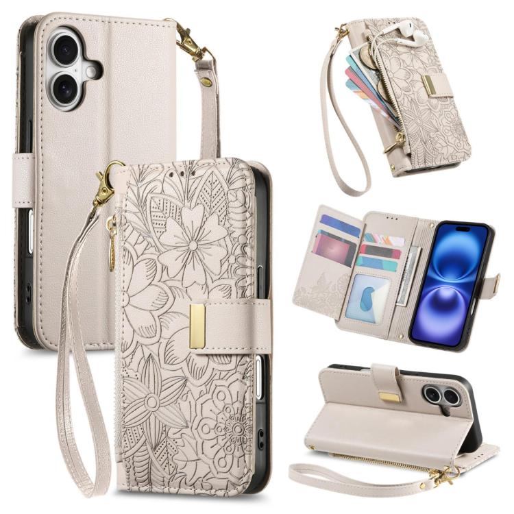 Flowers Leaves Zipper Wallet Leather Phone Case with Strap