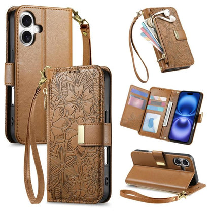 Flowers Leaves Zipper Wallet Leather Phone Case with Strap