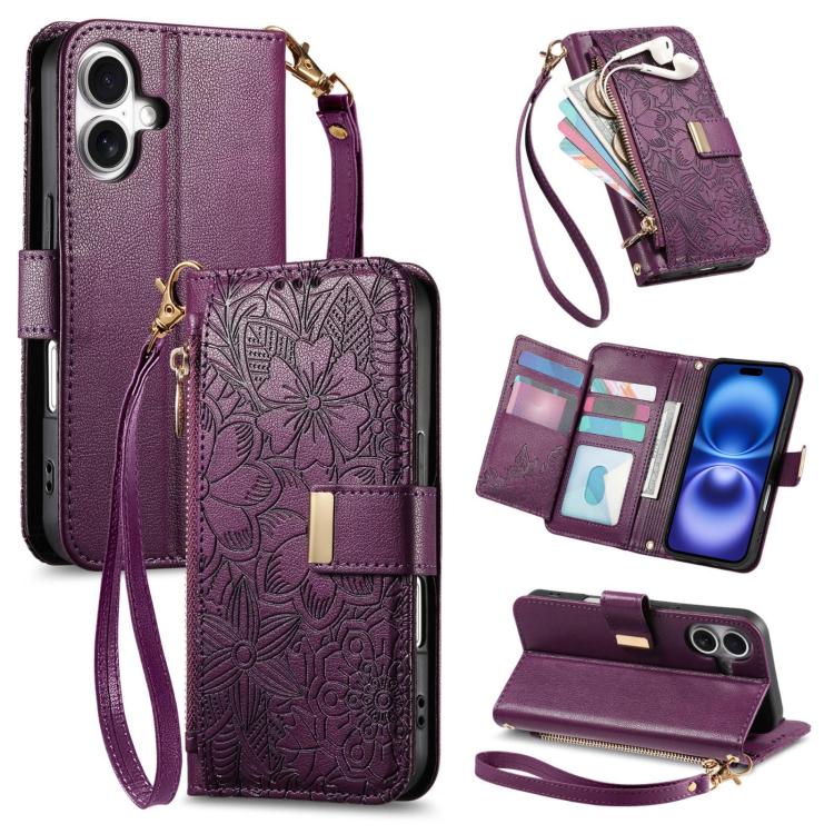 Flowers Leaves Zipper Wallet Leather Phone Case with Strap
