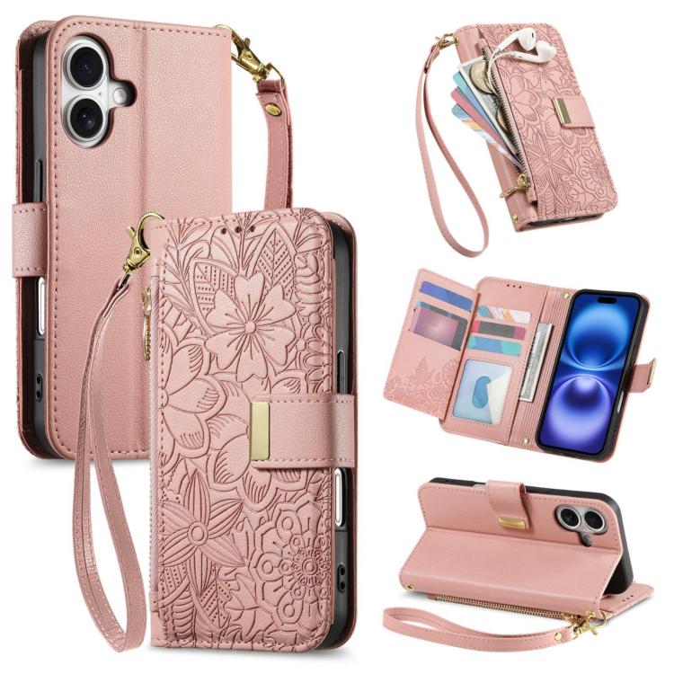 Flowers Leaves Zipper Wallet Leather Phone Case with Strap